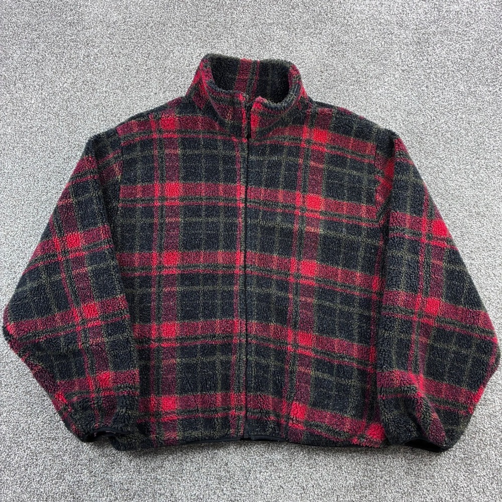 Vintage Backpack Fleece Jacket Mens XL Red Black Plaid Full Zip Deep Pile USA